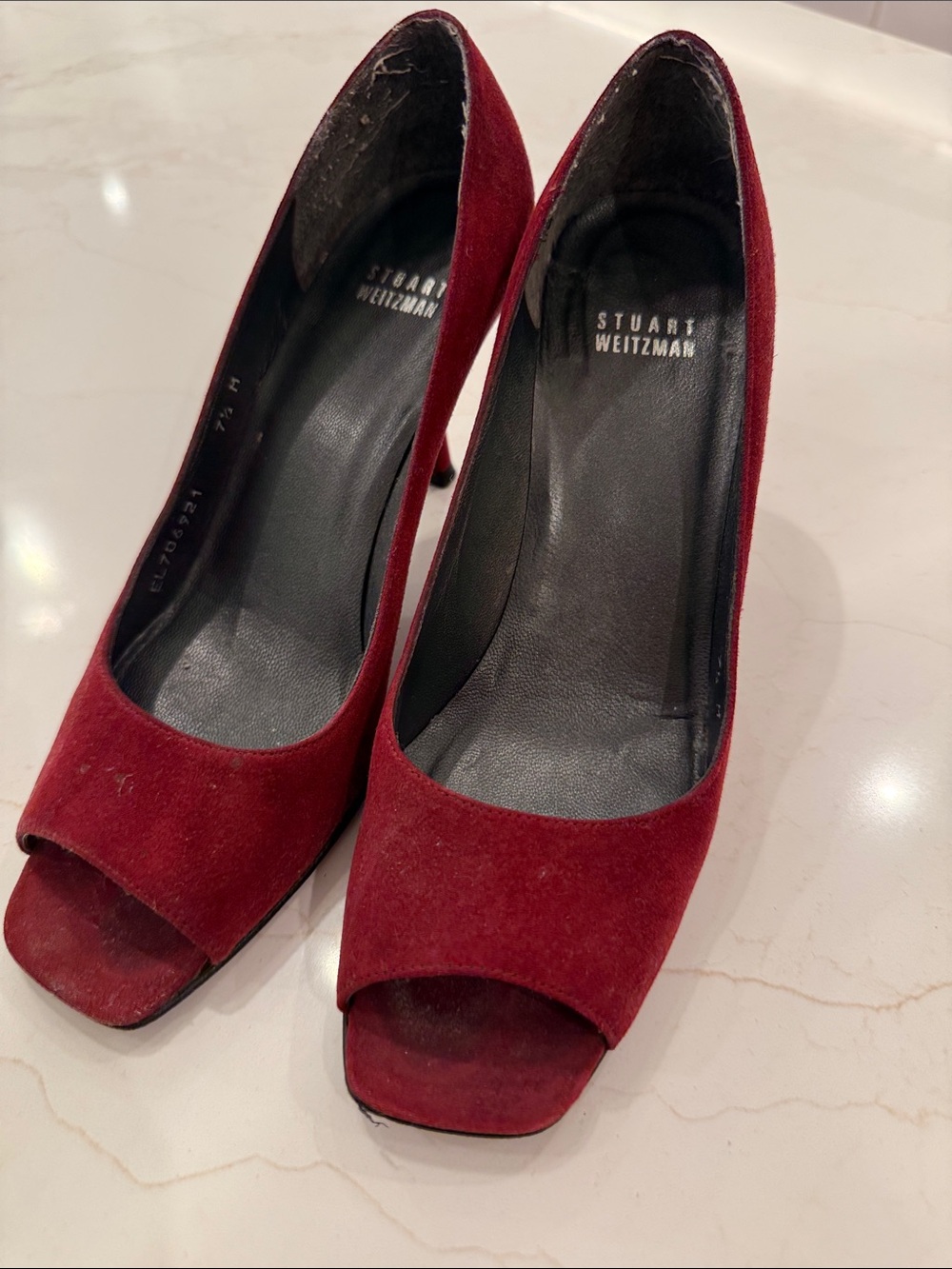 Stuart Weitzman Burgundy Suede Peep-Toe Pumps